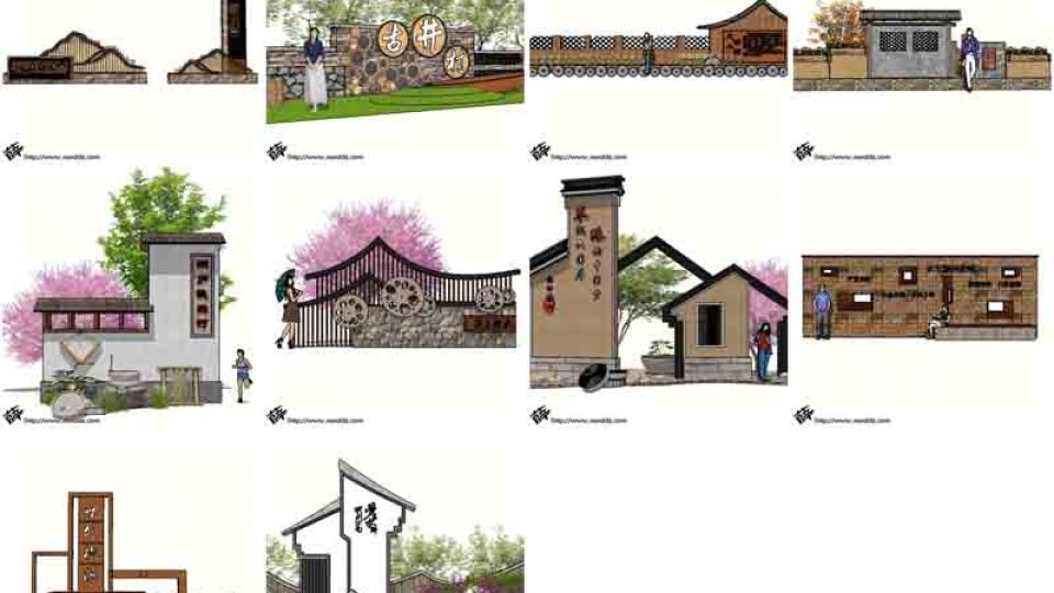 10个新中式农家乐指示景墙SU模型