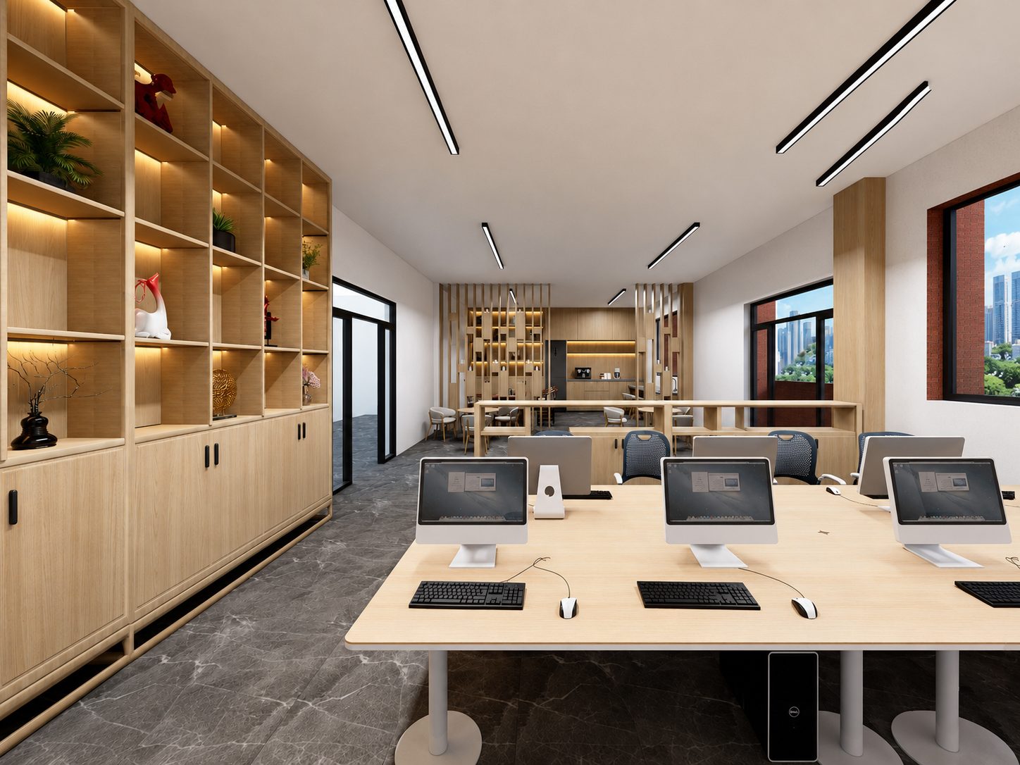 现代原木展示柜休闲办公区